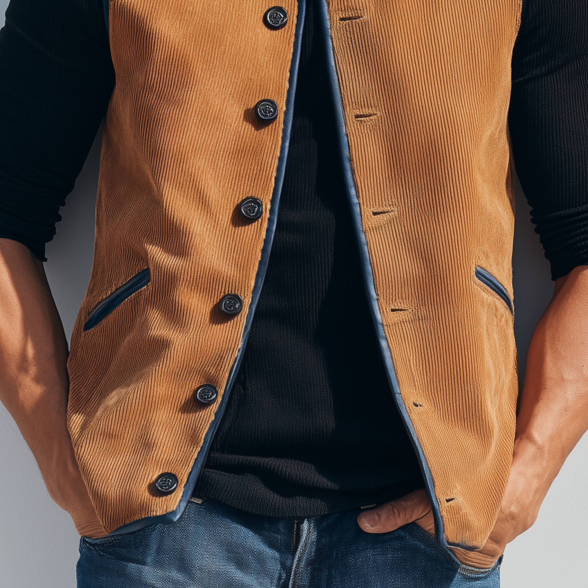 Men's Classic Retro Stand-up Collar Contrasting Color Binding Corduroy Vest MTA3174G4K