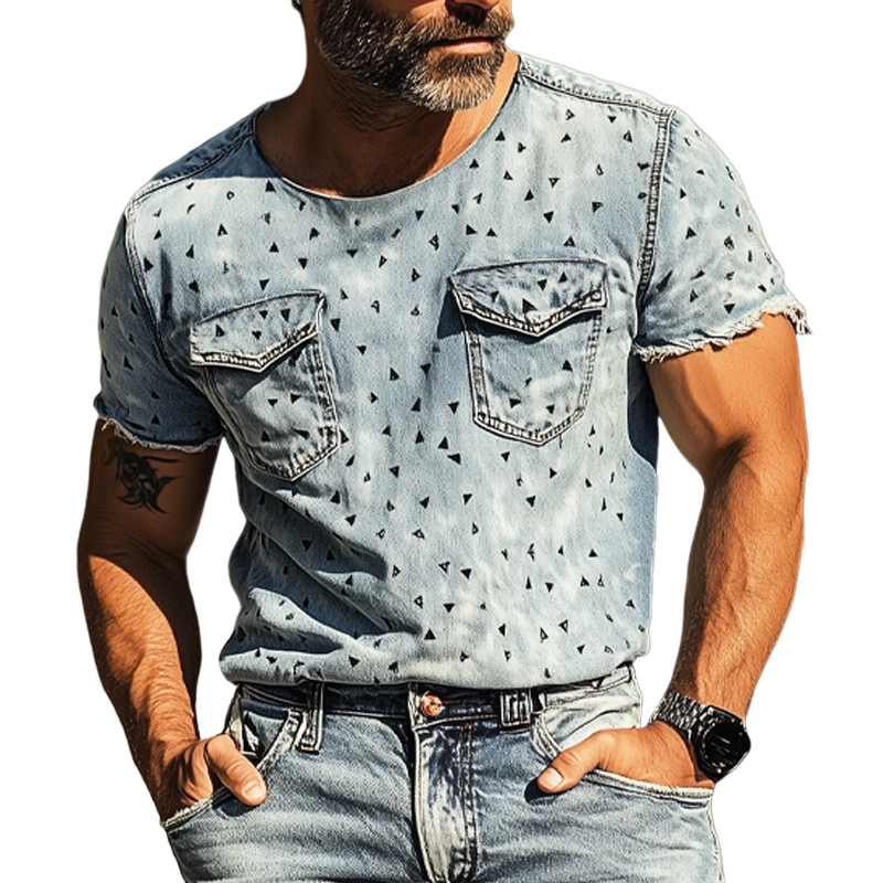 Herre sommer retro trekanttrykk denim-T-skjorte med rund hals MTA2489F9U