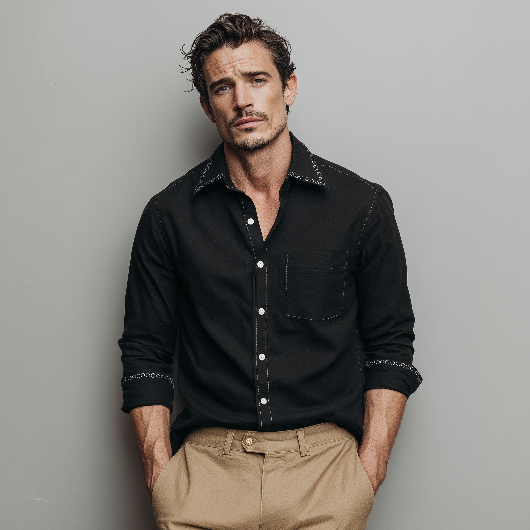 Men's Classic Casual Collar And Cuff Embroidered Cotton Blend Long Sleeve Shirt MTA3036G9K