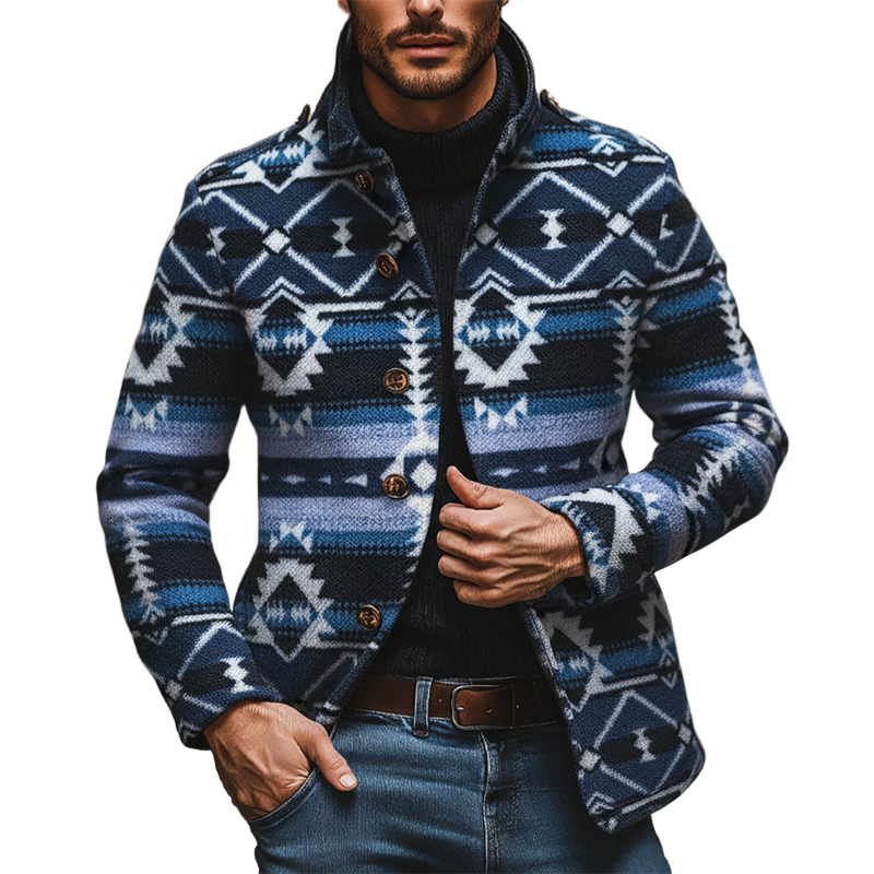 Men's Bohemian Ethnic Style Jacquard Blend Jacquard Lapel Mid-length Coat MTA1458J1X