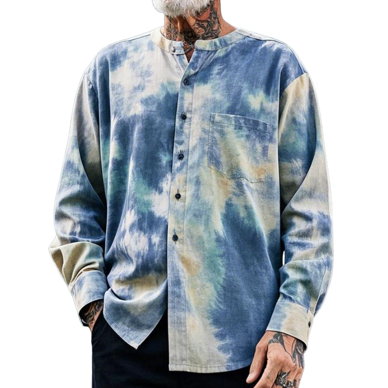 Uformelt mote for menn med rund hals Tie-Dye trykt bomullsblanding med langermet skjorte 65629084F