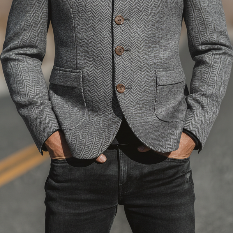 Men's Winter Fashionable Herringbone Faux Wool Stand Collar Jacket MTA2471I5P