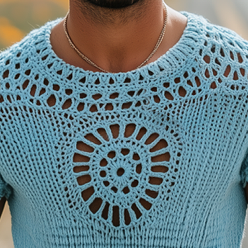 Men's Summer Fashion Casual Hollow Crochet Round Neck Knitted Short Sleeve T-shirt MTA2791F1K