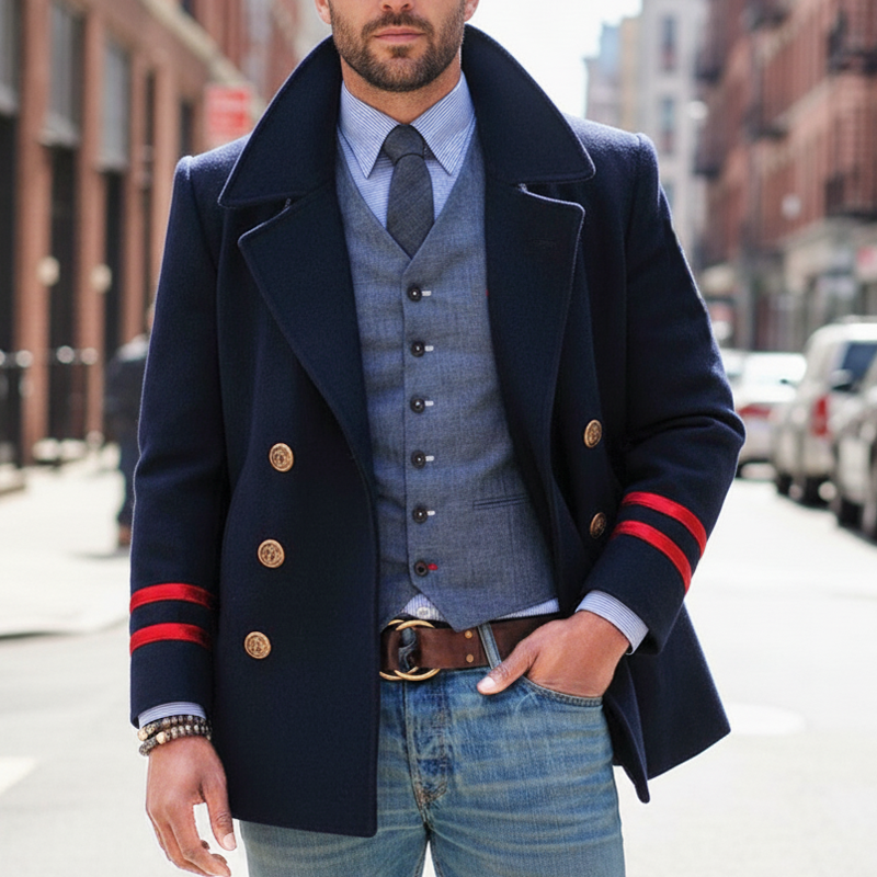 Men's Autumn And Winter Classic Navy Blue Double-breasted Short Coat MTA3011I9U