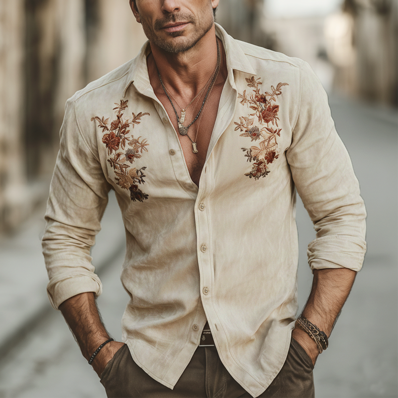 Men's Retro Beige Floral Embroidered Faux Suede Long-Sleeved Shirt MTZ2120A2U