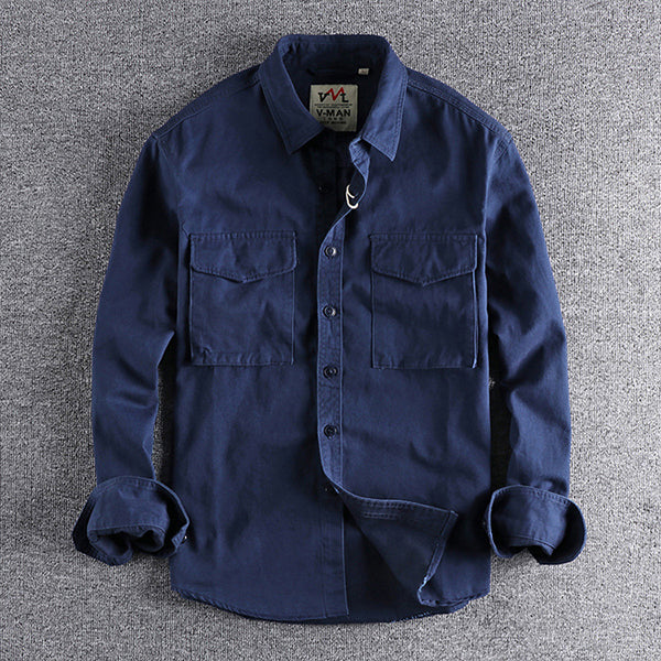 Men's Vintage Cotton Lapel Flap Pocket Long Sleeve Shirt 77451051M