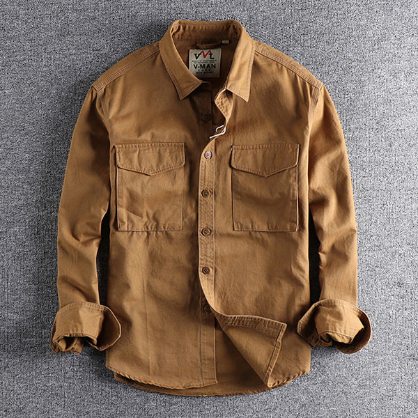 Men's Vintage Cotton Lapel Flap Pocket Long Sleeve Shirt 77451051M