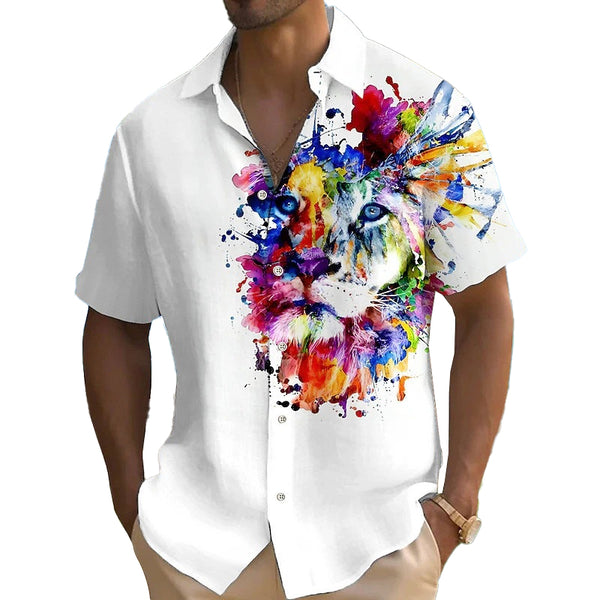 Men's Hawaiian Animal Print Lapel Short Sleeve Shirt 07865476X