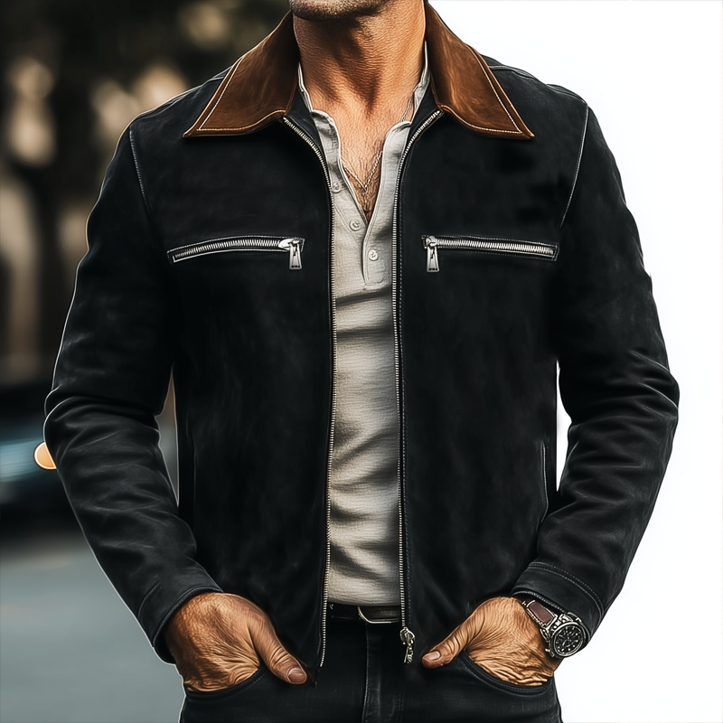 Men's Vintage Suede Colorblock Collar Zip-Up Jacket MTA2630H2U