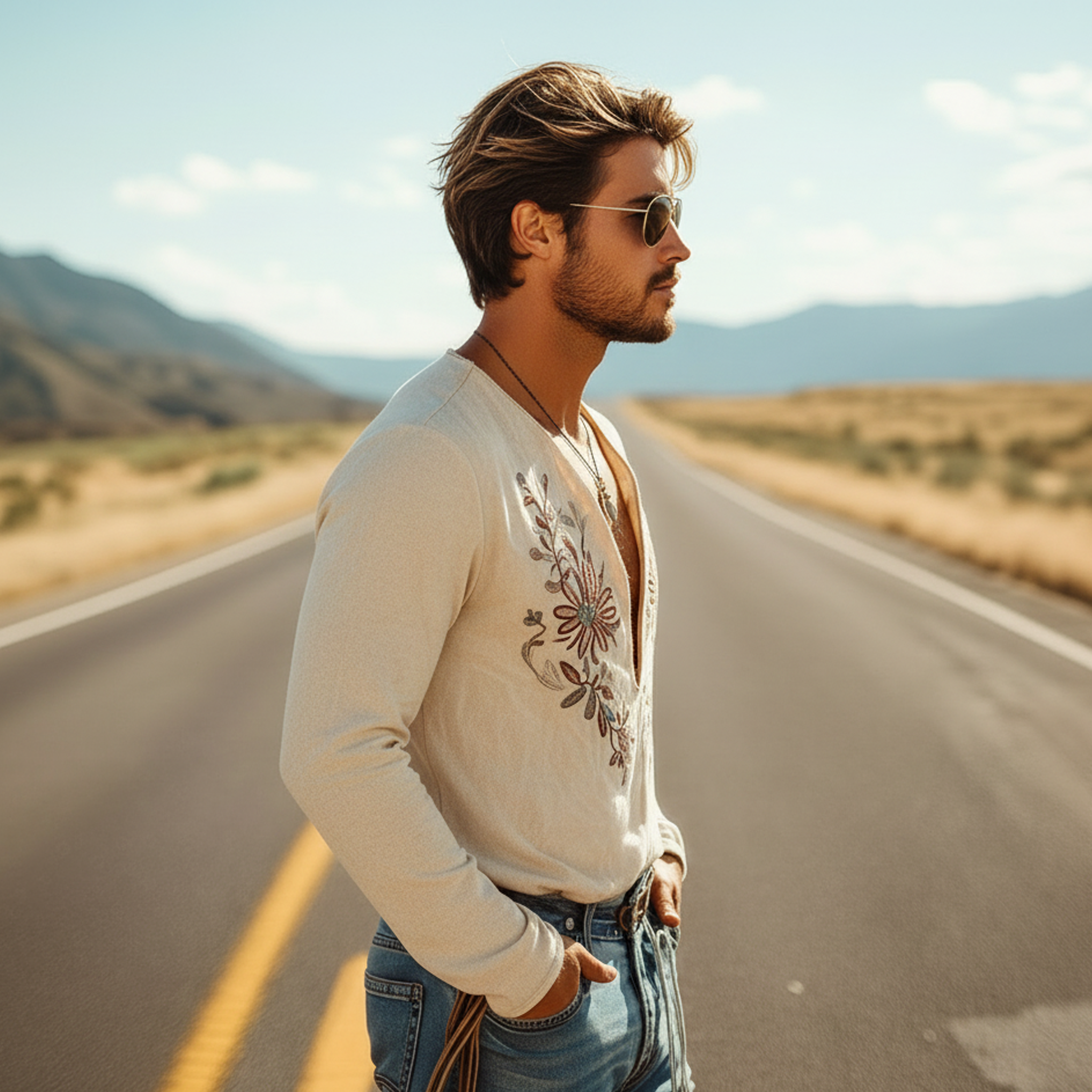 Men's Classic Casual Deep V-neck Faux Suede Embroidered Long-sleeved T-shirt MTZ0957A2K