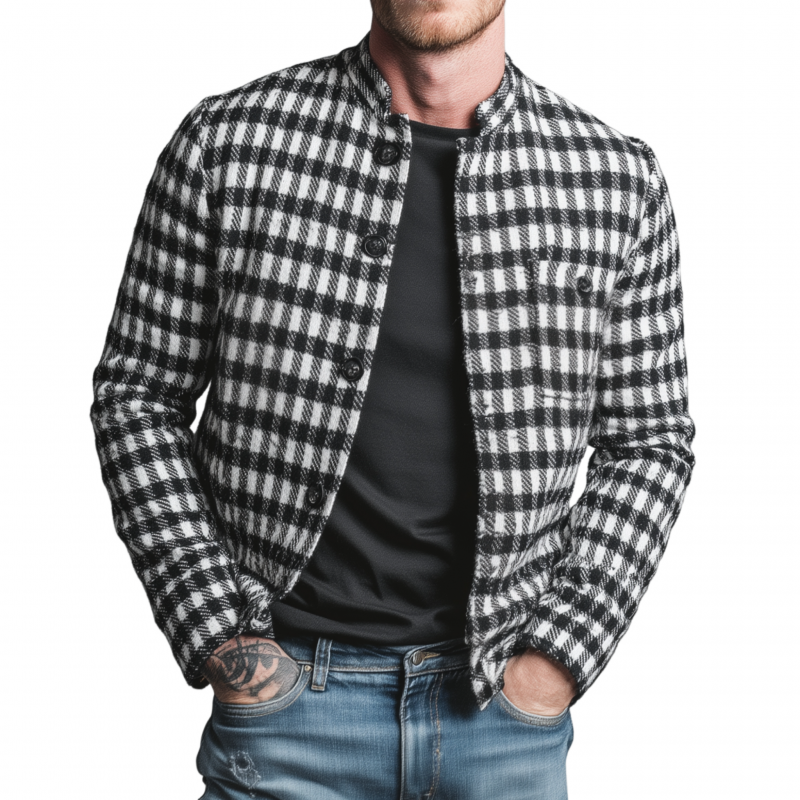 Men's Classic Contrast Color Check Jacquard Stand Collar Single Breasted Slim Fit Jacket MTA2951G3M