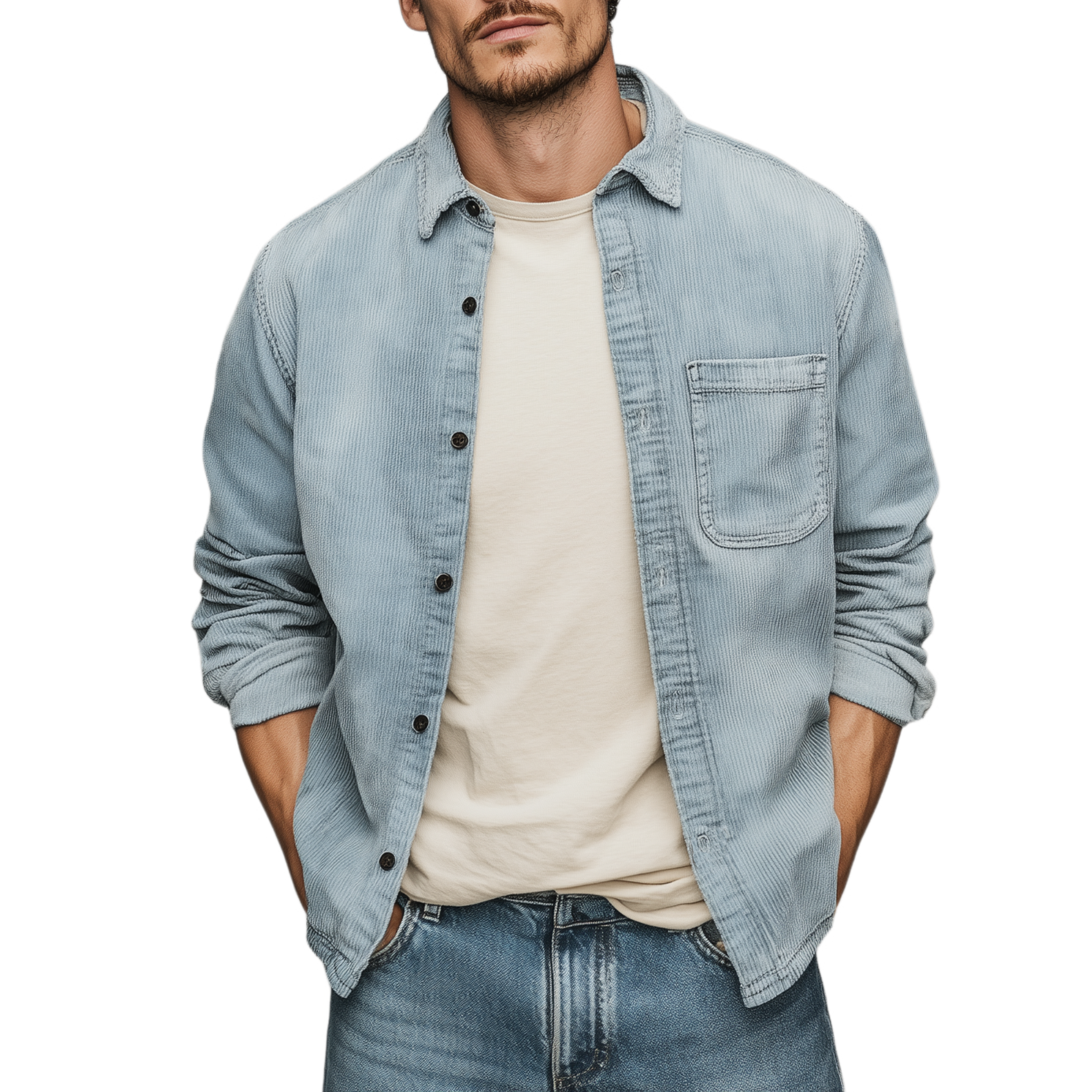 Men's Retro Casual Corduroy Washed Lightly Bleached Distressed Long-sleeved Shirt MTA1972G3K