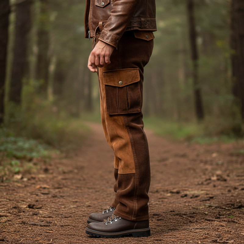 Men's Outdoor Brown Suede And Corduroy Straight-leg Pants MTA1080K2U