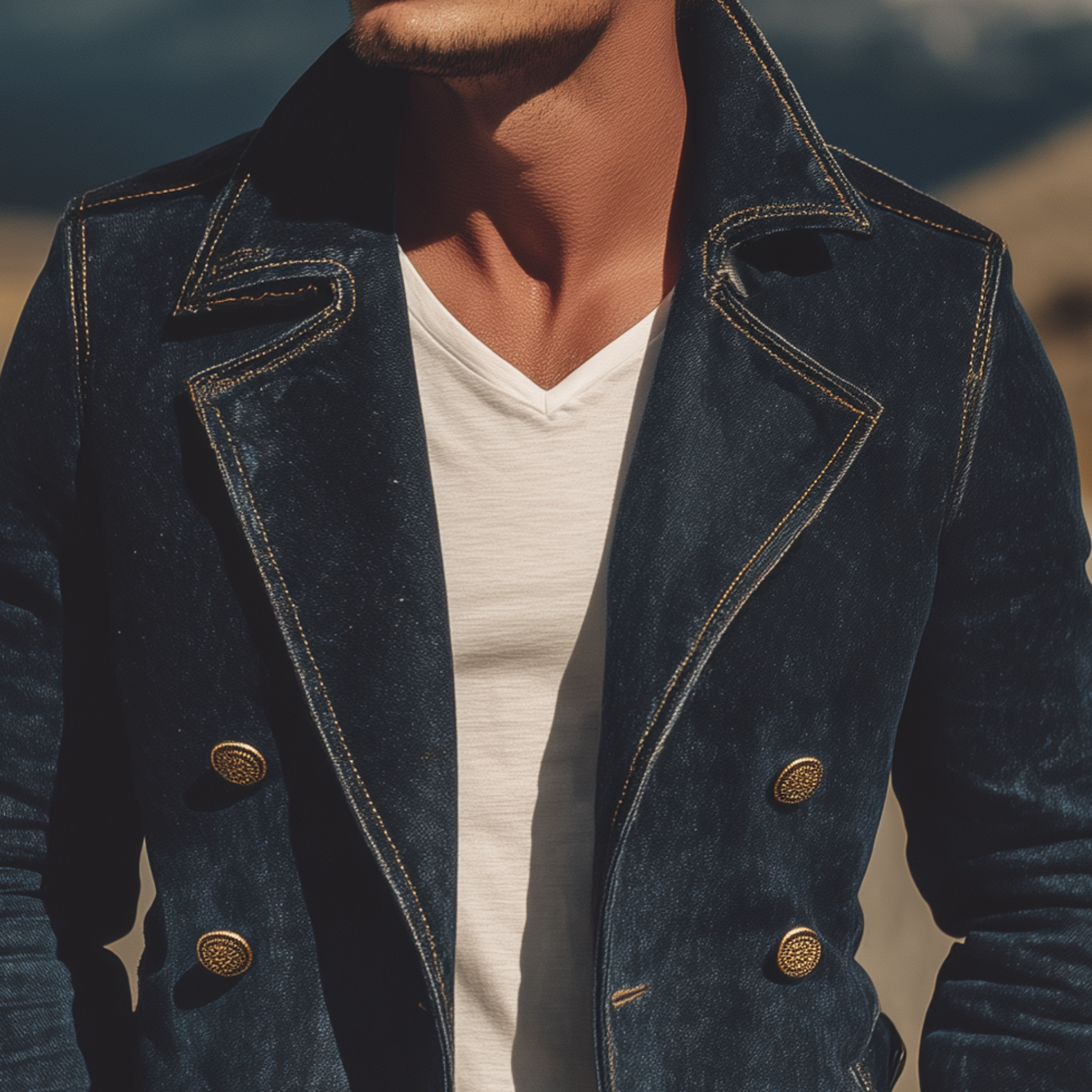Men's Classic Retro Western Style Washed Denim Double-breasted Slim Fit Jacket MTA0821H3K