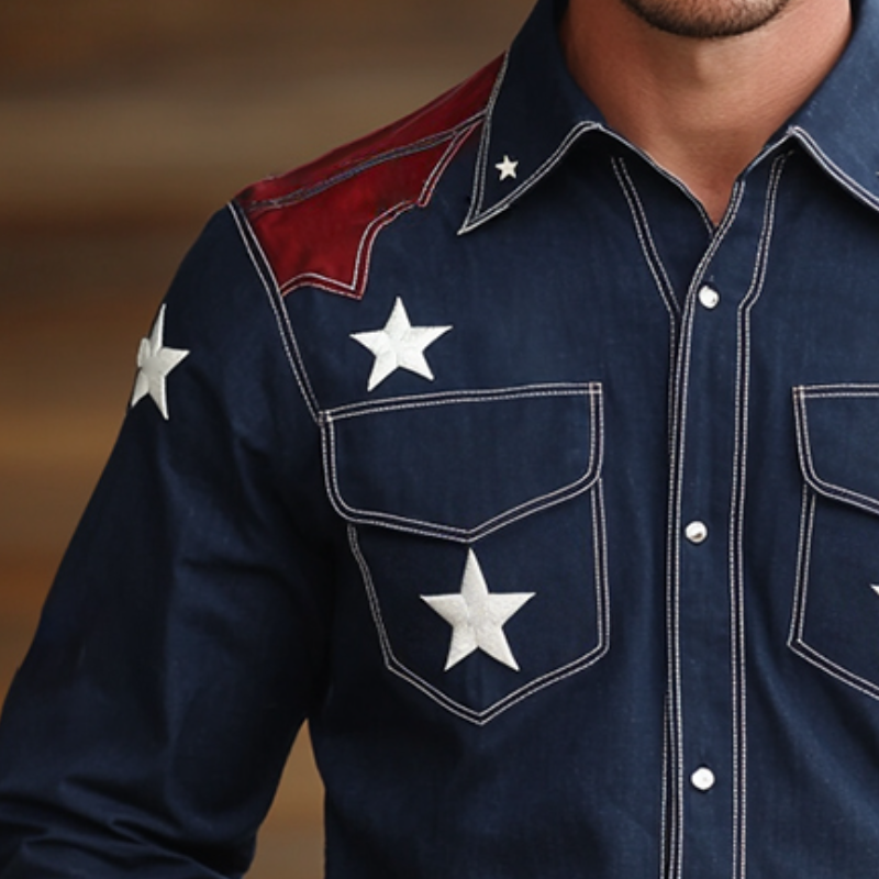 Men's Retro Western Cowboy Style Star Embroidered Lapel Long Sleeve Shirt MTA0679E8TO