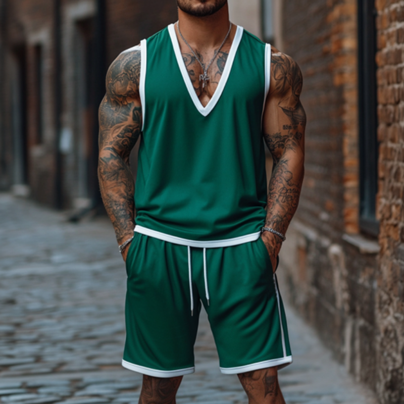 Men's Casual Colorblock Cotton V-Neck Tank Top Elastic Waist Shorts Sports Set MTA2659E1M