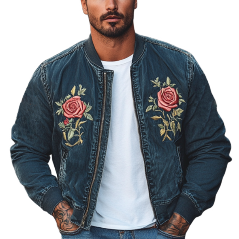 Men's Classic Casual Embroidered Denim Bomber Jacket 80642239K