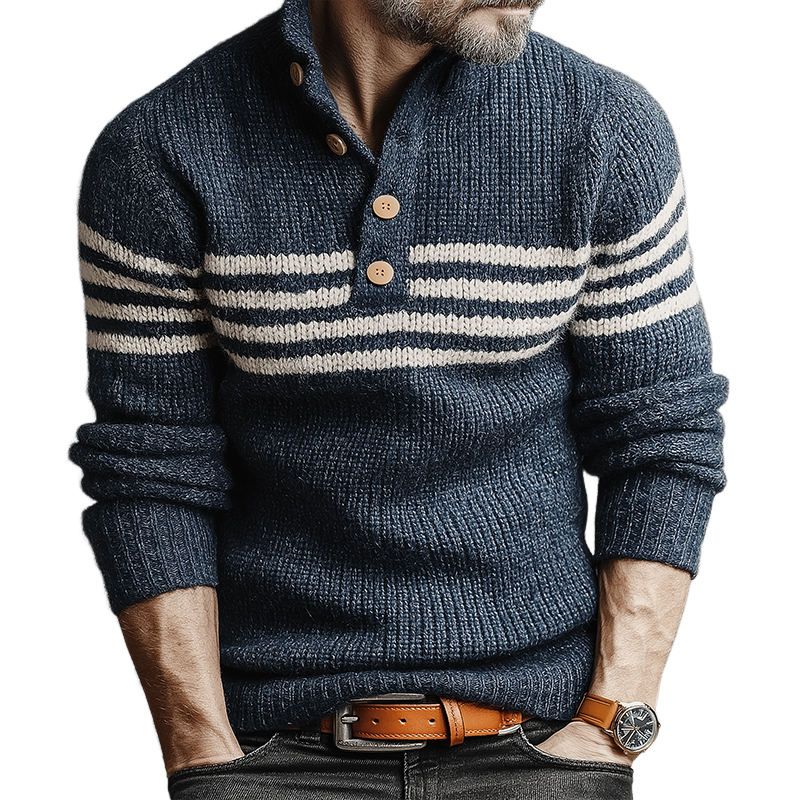 Men's Retro Casual Striped Knitted Button Stand Collar Pullover Sweater MTA1745J4TO