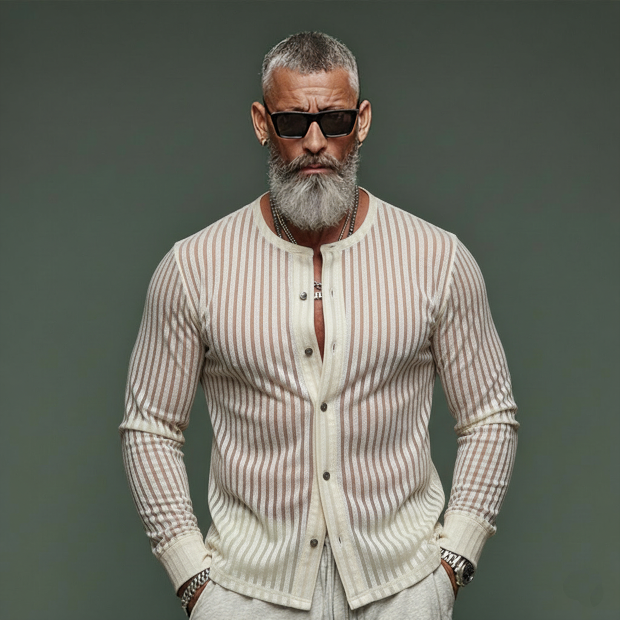 Men's Classic Casual Faux Velvet Striped Slightly Sheer Long-sleeved Shirt MTZ0541A2K