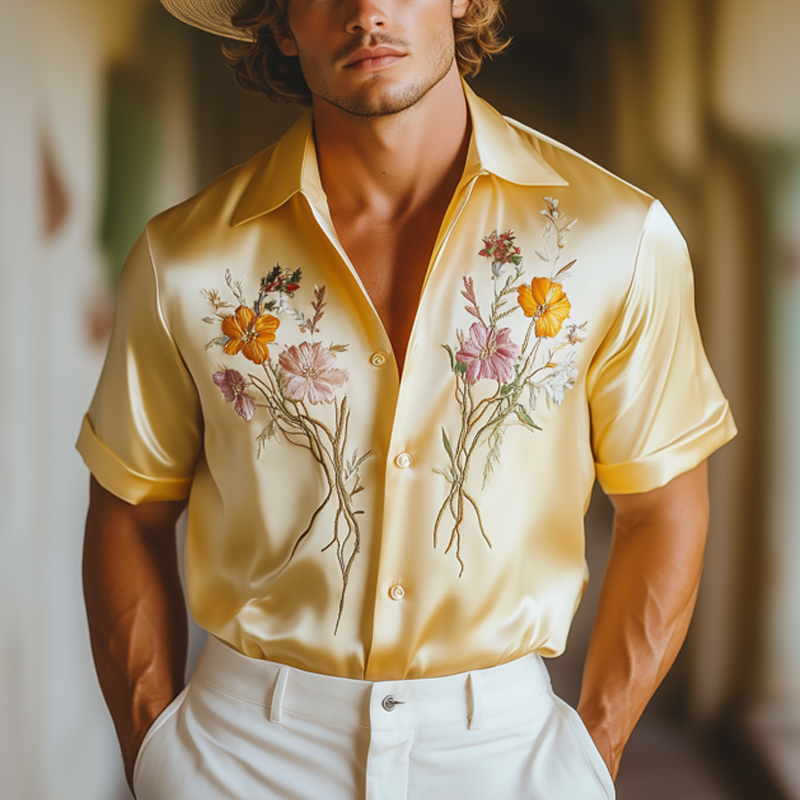 Men's Luxurious Satin Exquisitely Embroidered Short Sleeve Shirt MTA1049F0U