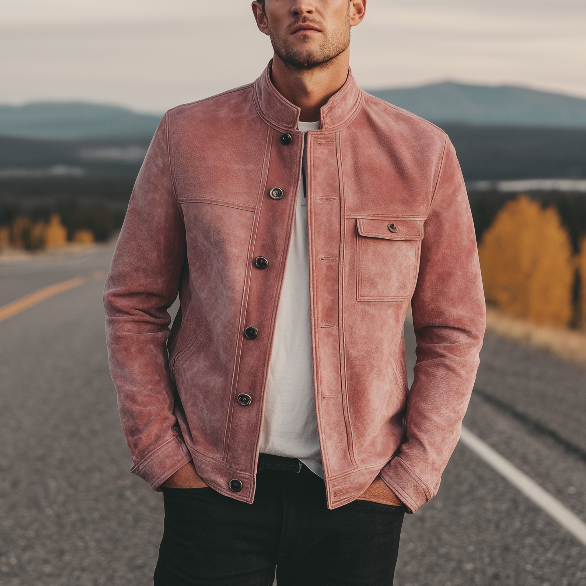 Men's Classic American Retro Stand Collar Pink Suede Placket Button Jacket MTA1883H9K