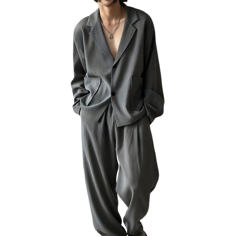 Men's Fashion Ribbed Cuban Collar Single Breasted Loose Long Sleeve Shirt Elastic Waist Straight Pants Set MTA0435G1M