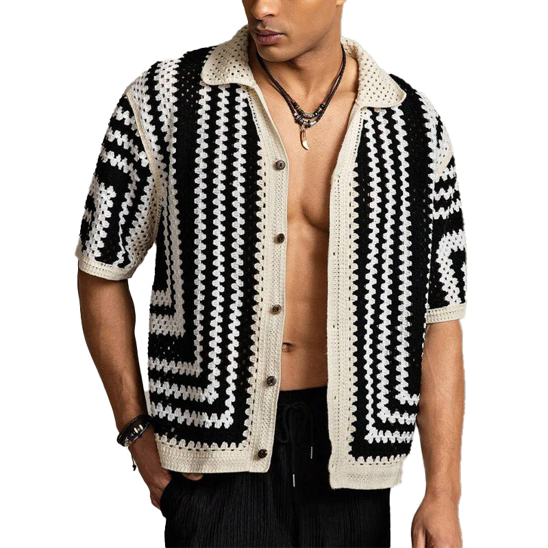 Men's Knitted Patchwork Contrast Lapel Short-sleeved Shirt 57394655X