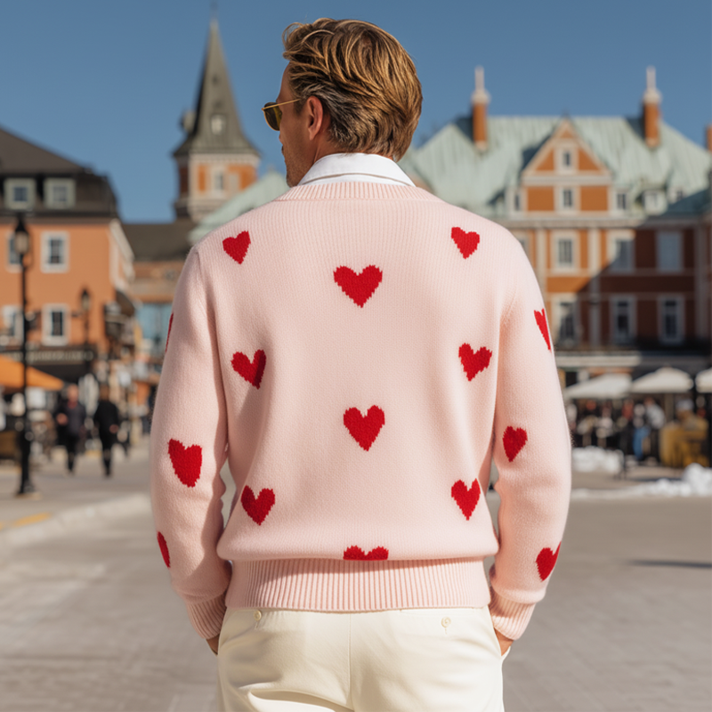Men's Casual V-Neck Heart Pattern Pink Pullover Sweater MTA1357I5U