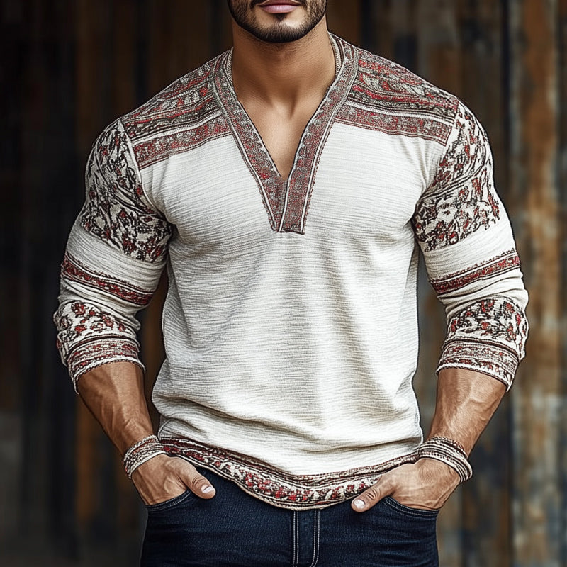 Men's Retro Colorblock Printed Wrinkled V-Neck Long Sleeve T-Shirt 60002735U