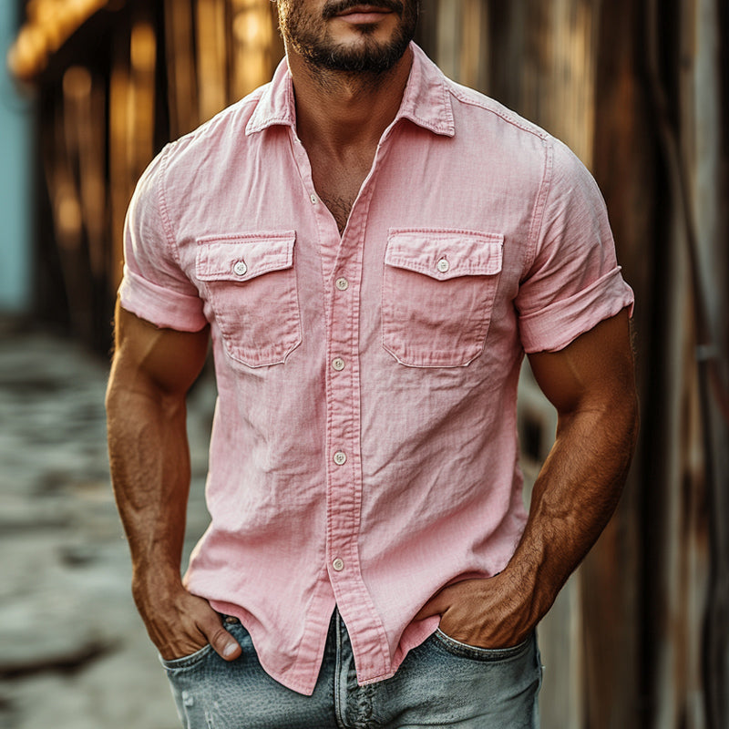 Men's Casual Pink Cotton and Linen Short-sleeved Shirt 30364009U