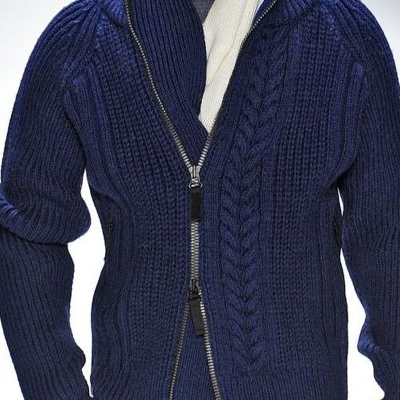 Men's Vintage Navy Stand Collar Zipper Knit Sweater 20078447U