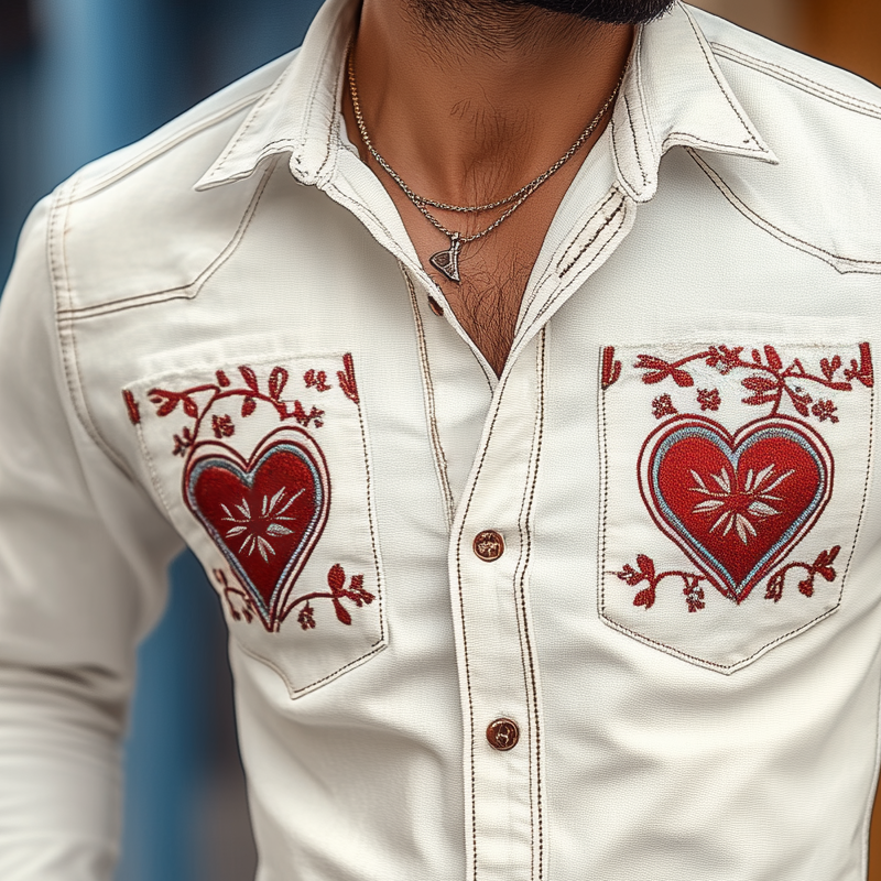 Men's Western Cowboy Style Embroidered Lapel Chest Pocket Long Sleeve Cotton Shirt 21970359Z