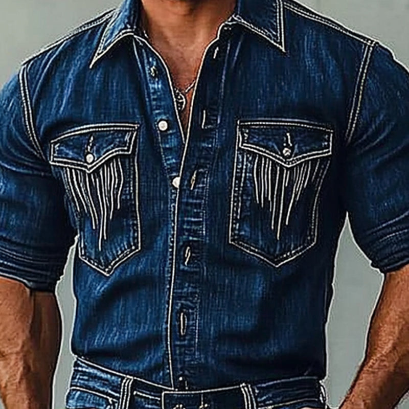 Men's Distressed Vintage Long Sleeve Denim Shirt 41192978X