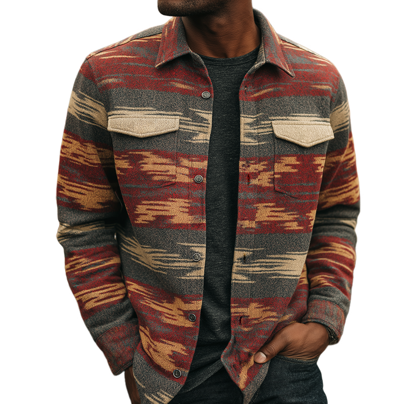 Men's Retro Casual Western Style Aztec Print Lapel Shirt Jacket MTA2801H4TO