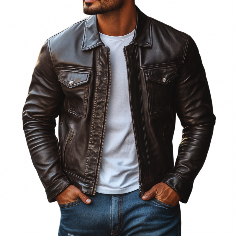 Men's Fashion Vintage Solid Color PU Lapel Zipper Placket Slim Fit Motorcycle Jacket MTA1405H8M