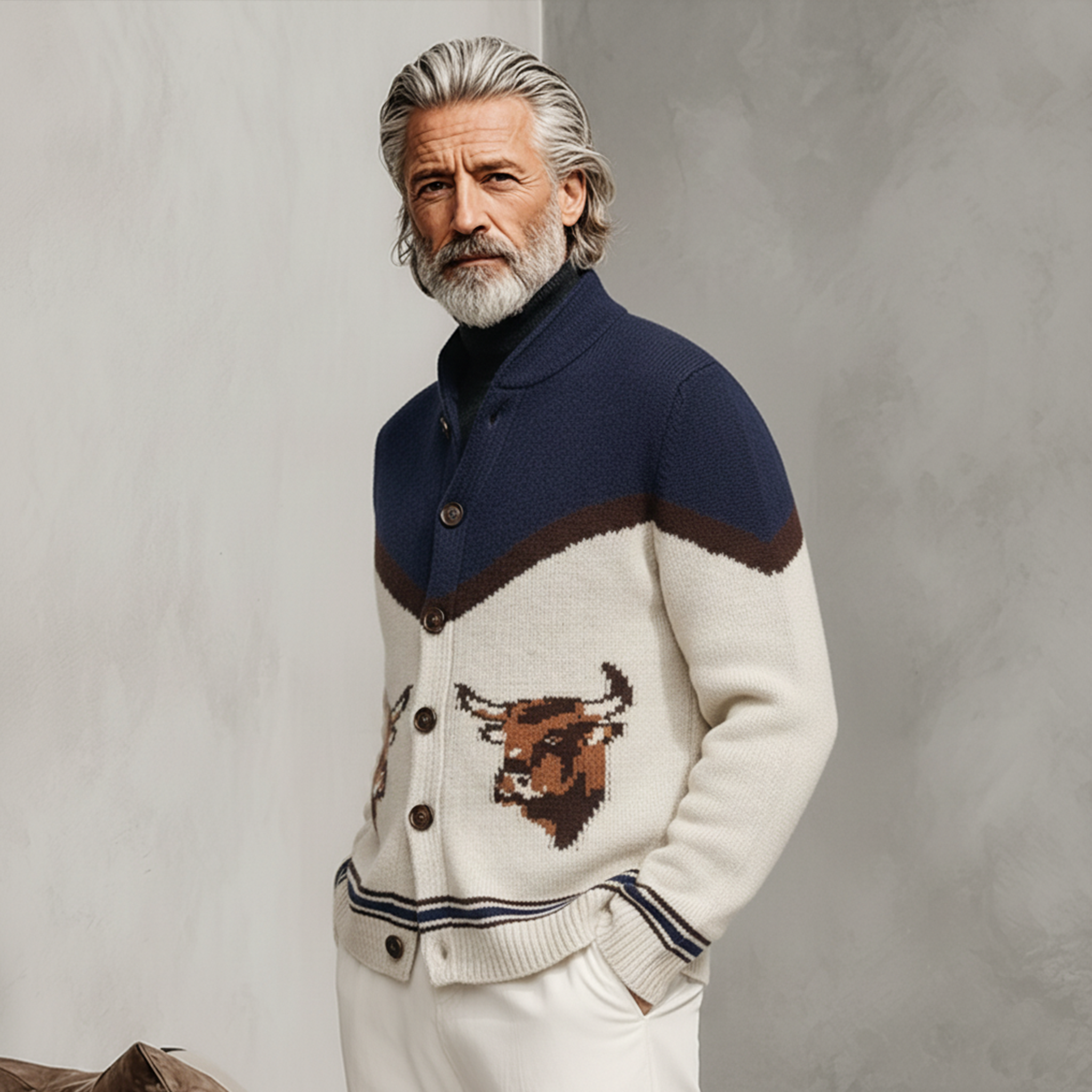 Men's Classic Old-money Style Stand-up Collar Animal Jacquard Knit Cardigan MTA0631K5K