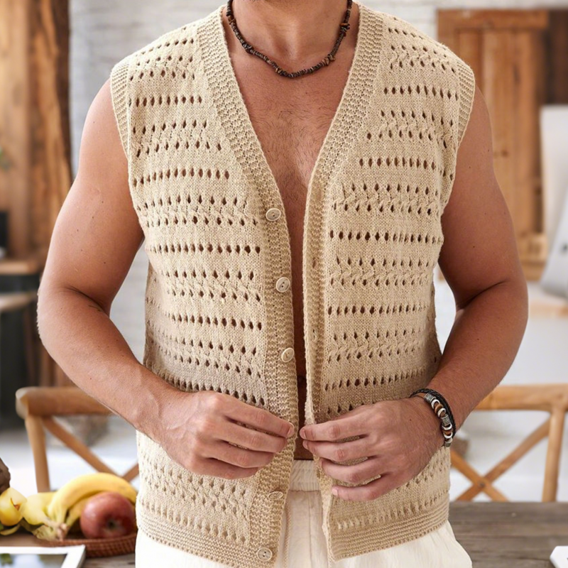 Herremote Hul Jacquard V-hals Enkeltspent Slim Fit Strikkevest MTA0475G8M