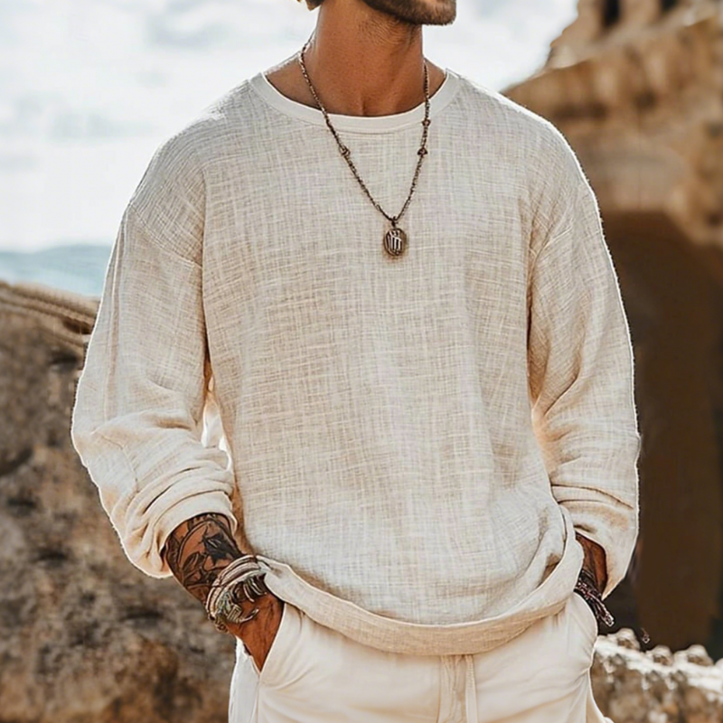 Men's Casual Breathable Cotton Linen Round Neck Loose Long-sleeved T-shirt MTA1506G6M