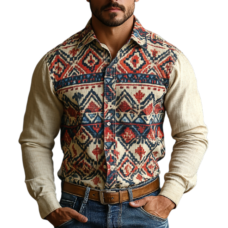 Men's Retro Lapel Printed Cotton and Linen Long Sleeve Shirt 58531410F