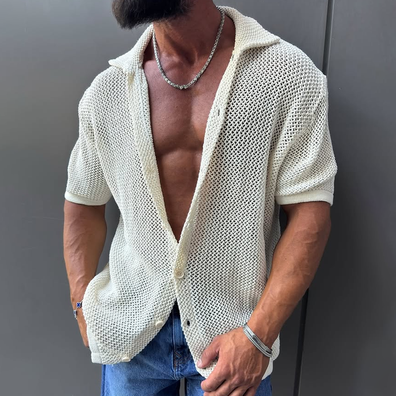 Men's Solid Color Knit Lapel Short Sleeve Shirt MTA1536G4Z