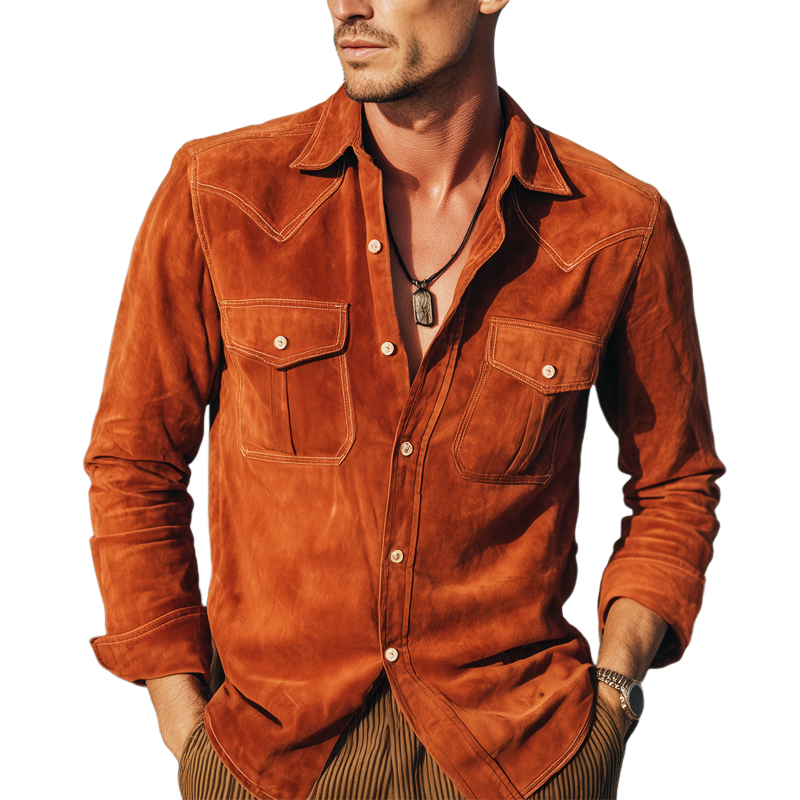 Men's Spring And Autumn Basic Orange Suede Long Sleeve Shirt MTA0470H2U