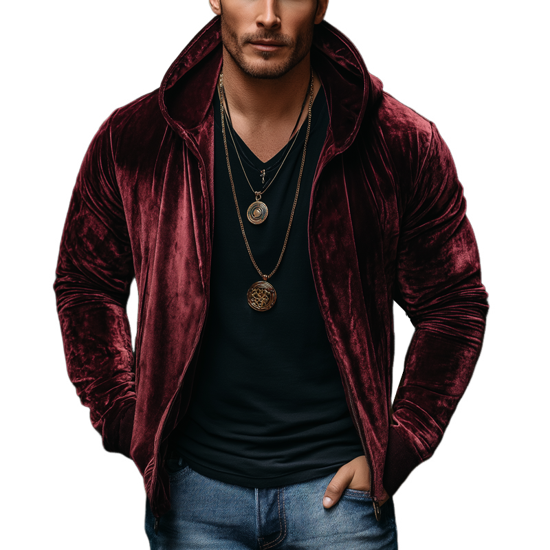 Men's Classic Burgundy Velvet Zip-Up Hooded Jacket MTA0500K6U