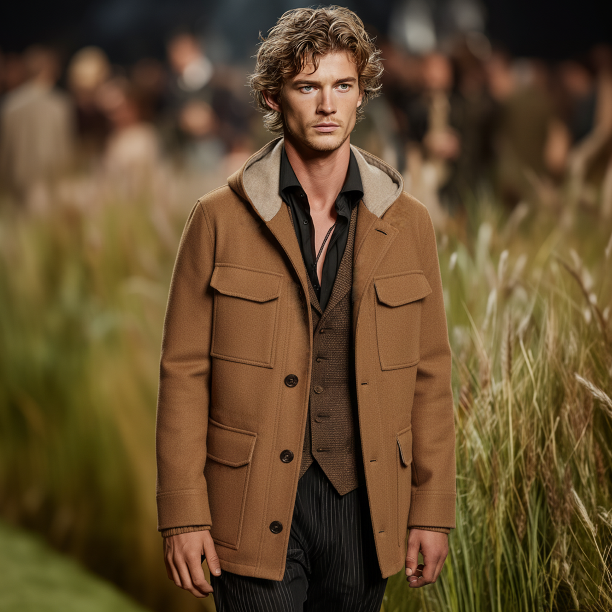 Men's Classic Retro Hooded Multi-pocket Faux Wool Jacket MTA3181J1K