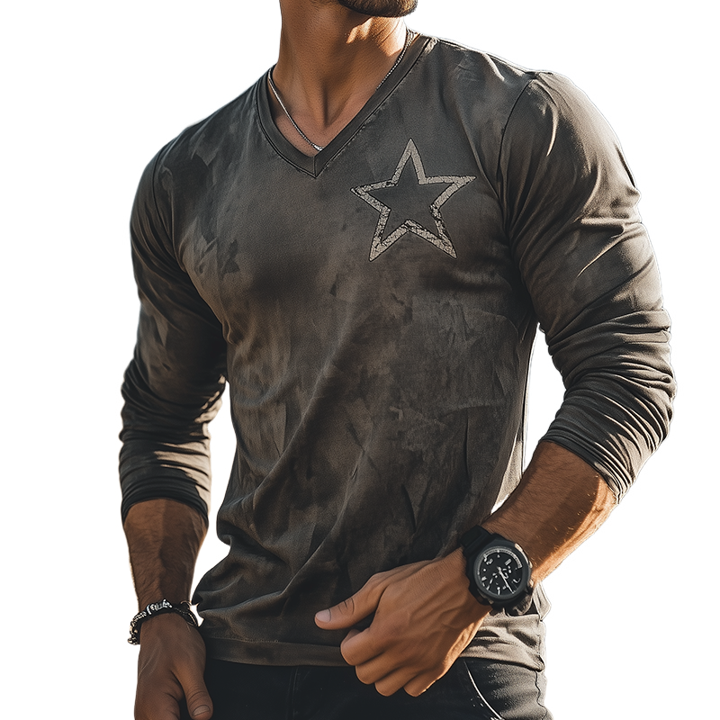 Men's Retro Casual Shabby Star Print Round Neck Long Sleeve T-shirt MTA3078G3TO