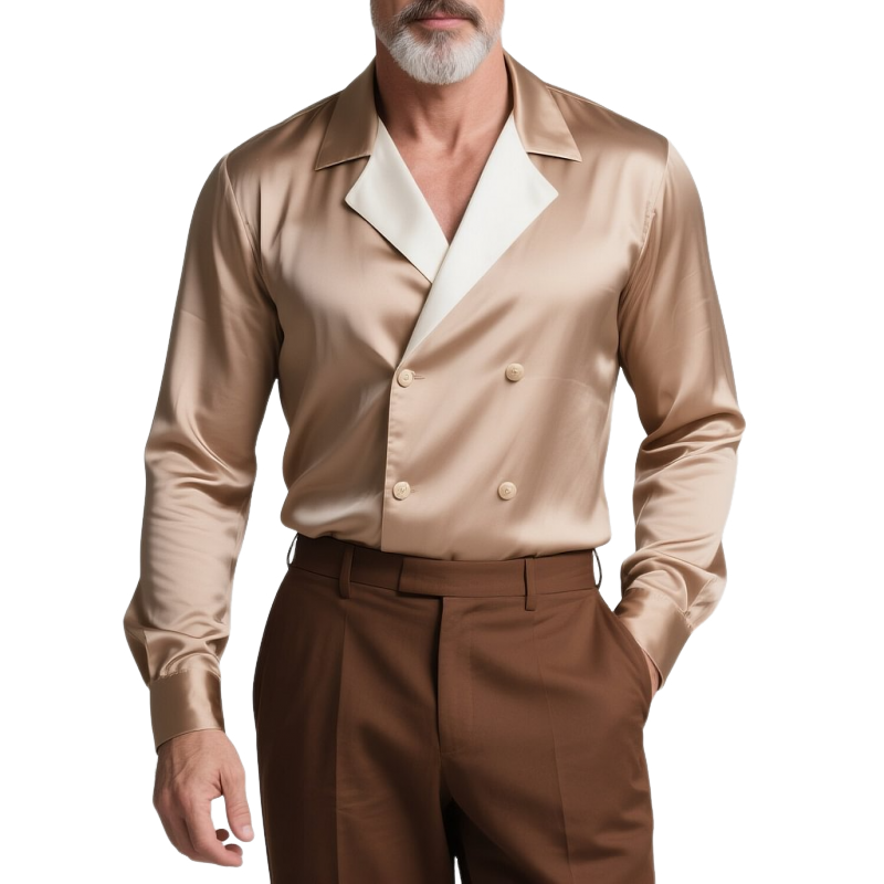 Men's Colorblock Satin Lapel Double Breasted Long Sleeve Shirt MTA0128G9Y
