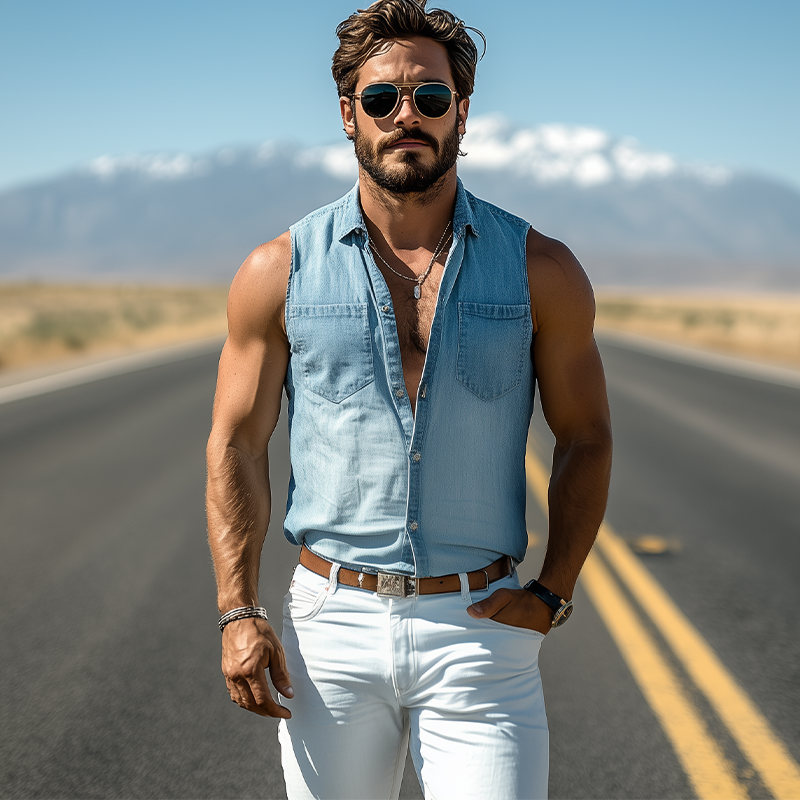 Men's Spring And Summer Fashionable Casual Western Cowboy Style Washed Tencel Denim Sleeveless Shirt MTA0714E7K