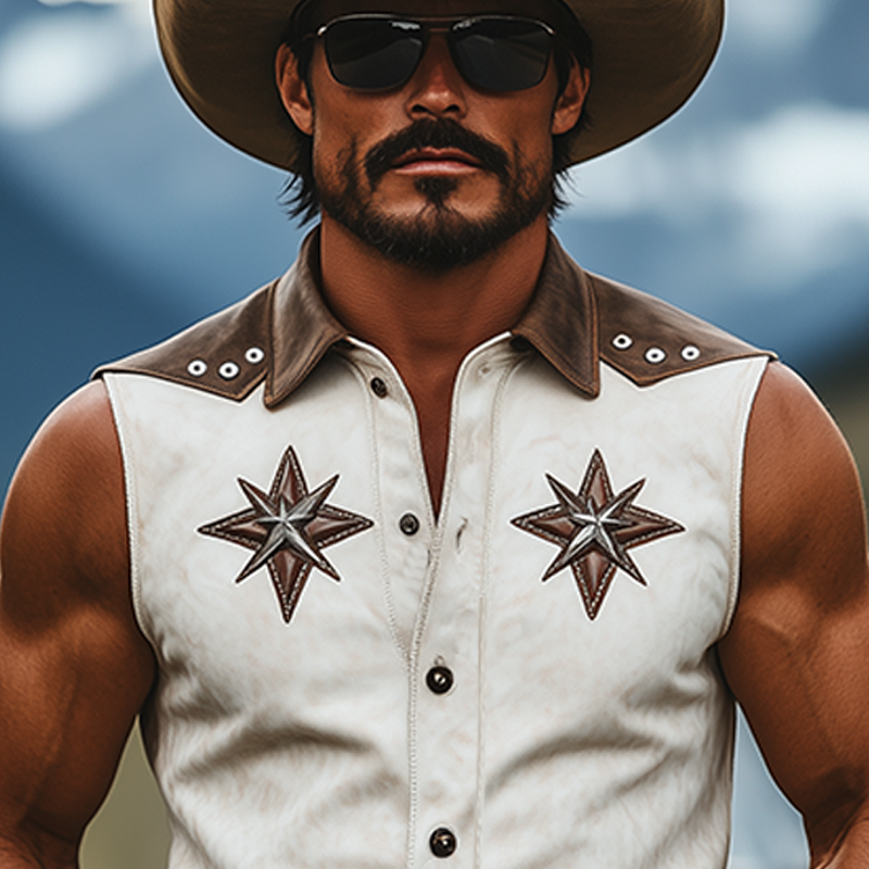 Men's Spring And Summer Fashion Retro American Western Tough Guy Style Thin Suede Stitching Lapel Decoration Hollow Rivet Sleeveless Shirt MTA1340F4K