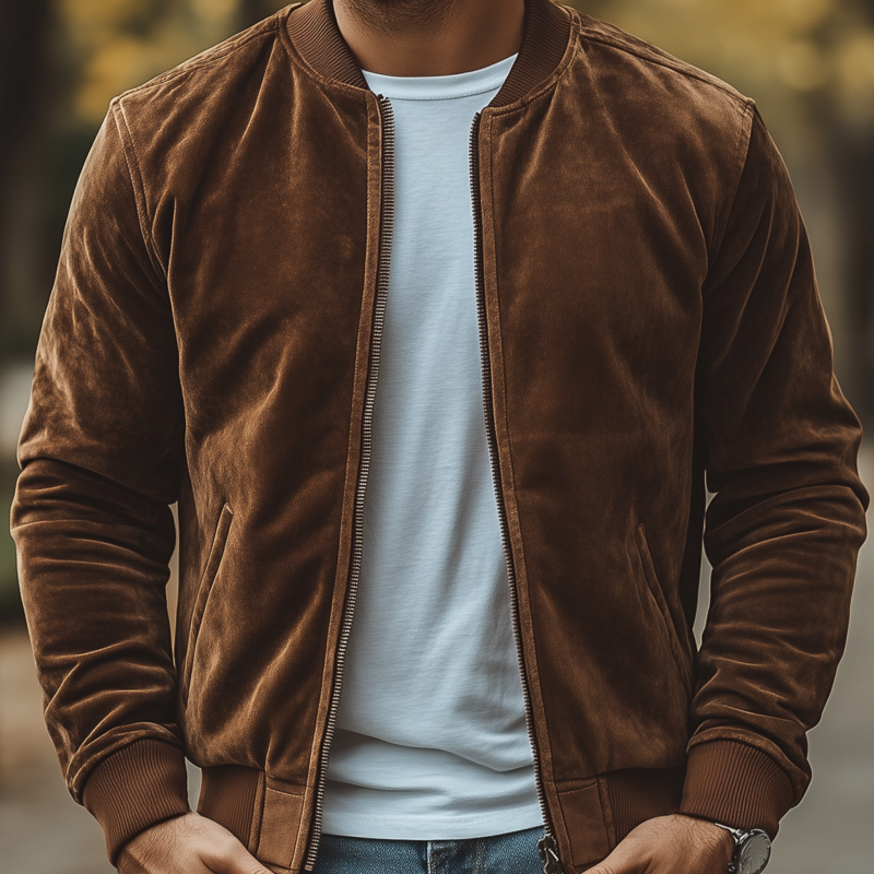 Men's Casual Solid Color Velvet Stand Collar Zipper Placket Loose Baseball Jacket MTA1404H9M