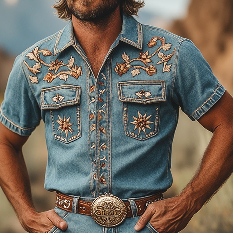 Men's Summer Retro Embroidered Denim Short Sleeve Shirt Shorts Set MTA2938D5U