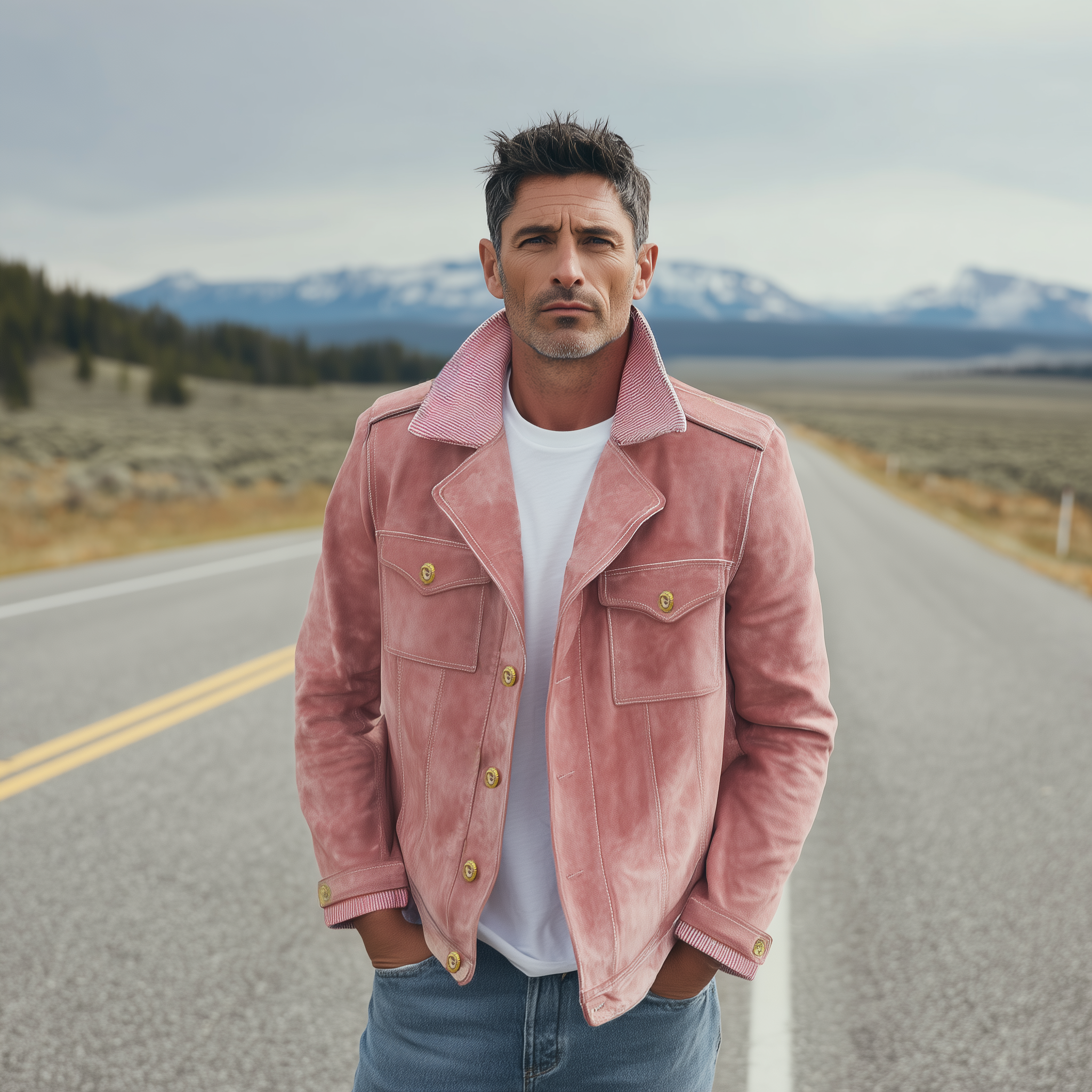 Men's Classic Vintage Collar And Cuffs With Corduroy Epaulettes In Pink Suede Motorcycle Jacket MTA2720H9K